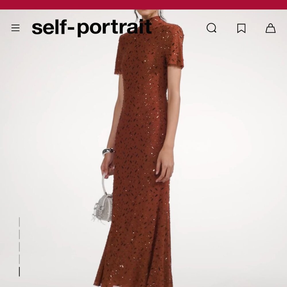 Self-Portrait Brown Square Rhinestone Mesh Midi Dress